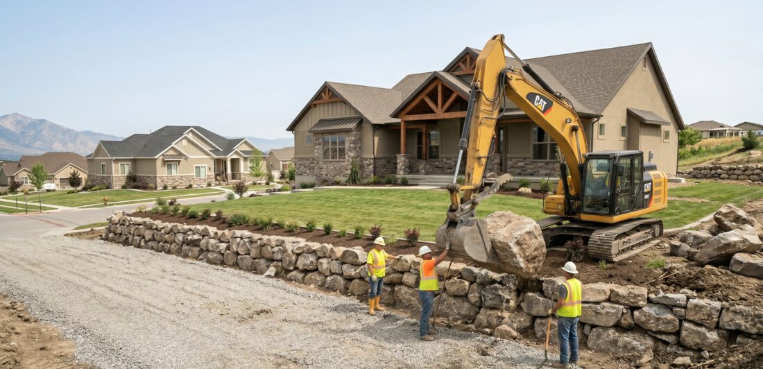 Crew installing a large stone retaining wall with a CAT excavator in a Utah residential neighborhood