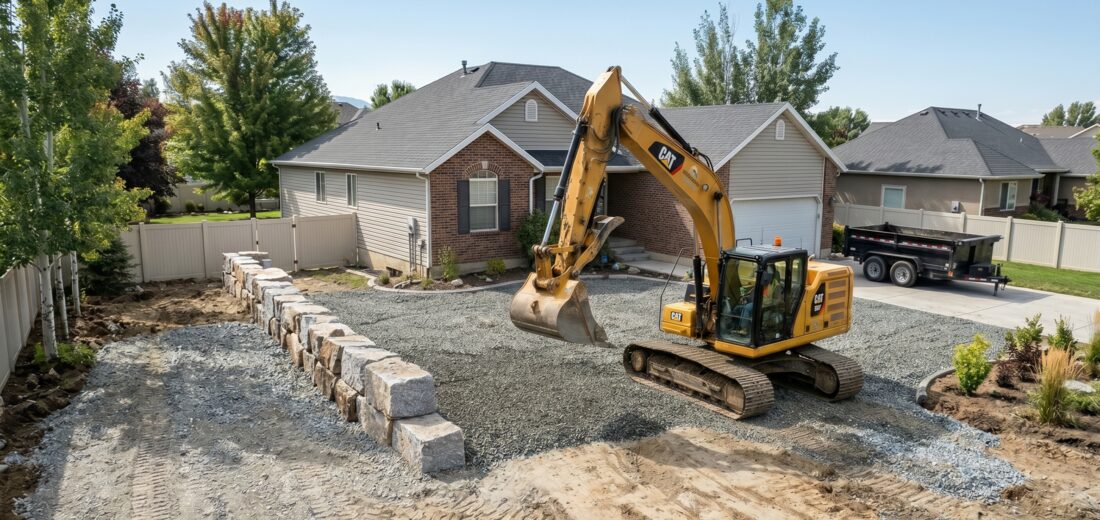 CAT excavator grading a front yard for gravel landscaping installation with dump trailer on site