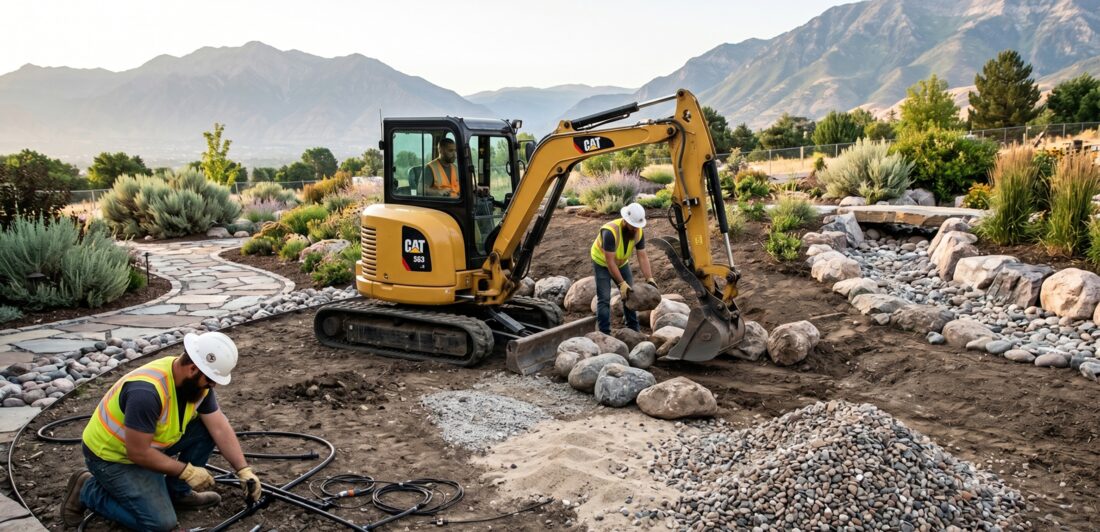 Mini excavator placing boulders and crew installing drip irrigation in a zeroscaping project with Wasatch Mountain backdrop