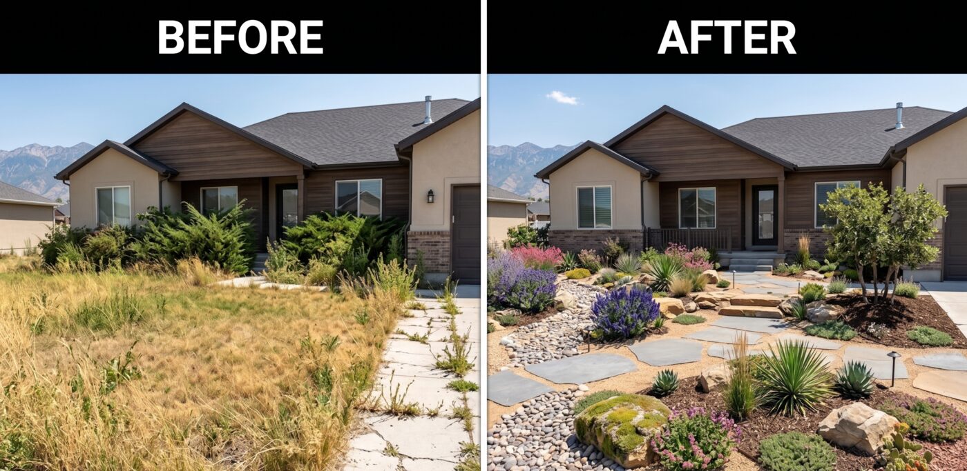 Before and after zeroscaping transformation — Sandy, UT front yard converted from dry grass to decorative rock and drought-tolerant plants