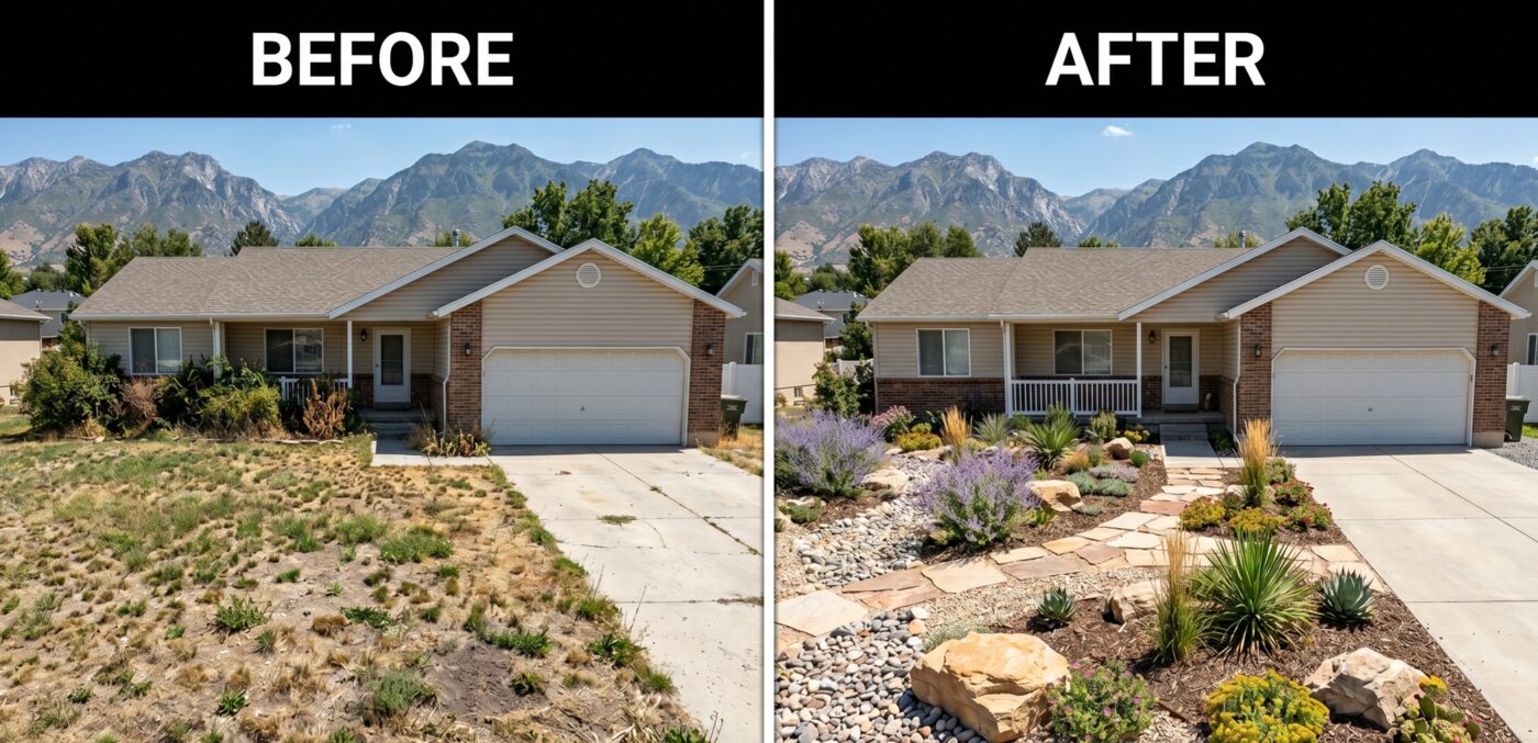 Before and after zeroscaping — Salt Lake County ranch-style home front yard converted from dead lawn to water-wise landscaping with Wasatch Mountain backdrop