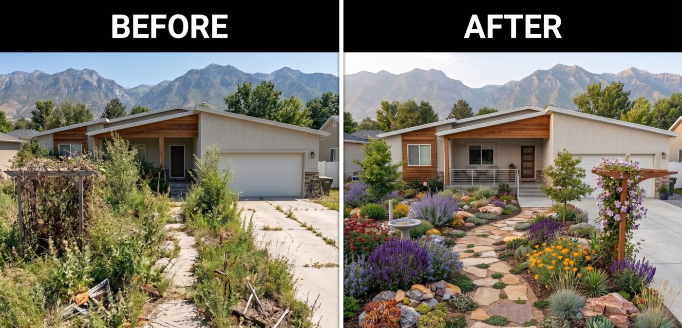 Before and after zeroscaping — neglected overgrown front yard transformed into a colorful drought-tolerant garden with stone path and flowering plants