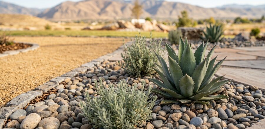 Agave and artemisia planted in river rock with decomposed granite path — zeroscaping detail