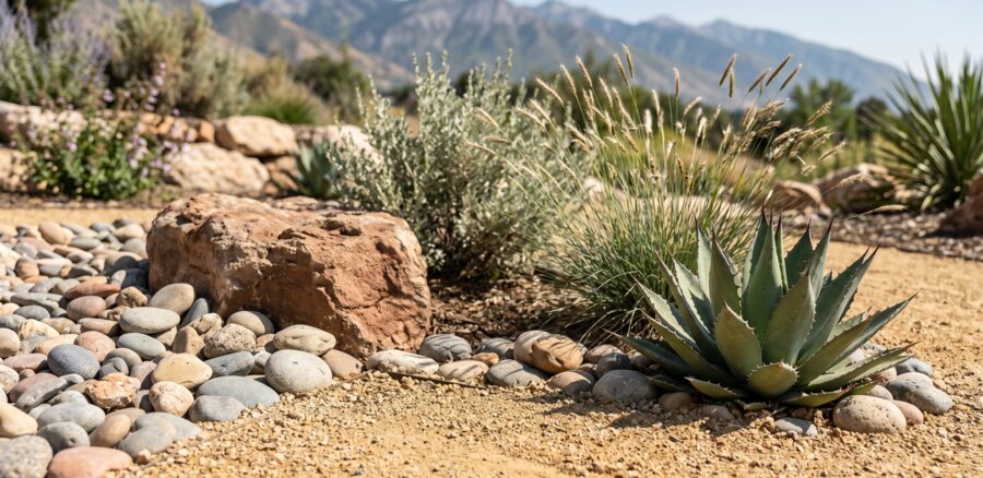 Agave, ornamental grasses, and decorative boulders in a Utah zeroscaping yard