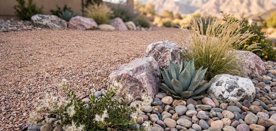 Mixed boulder and river rock planting bed with agave and feather grass — Salt Lake County