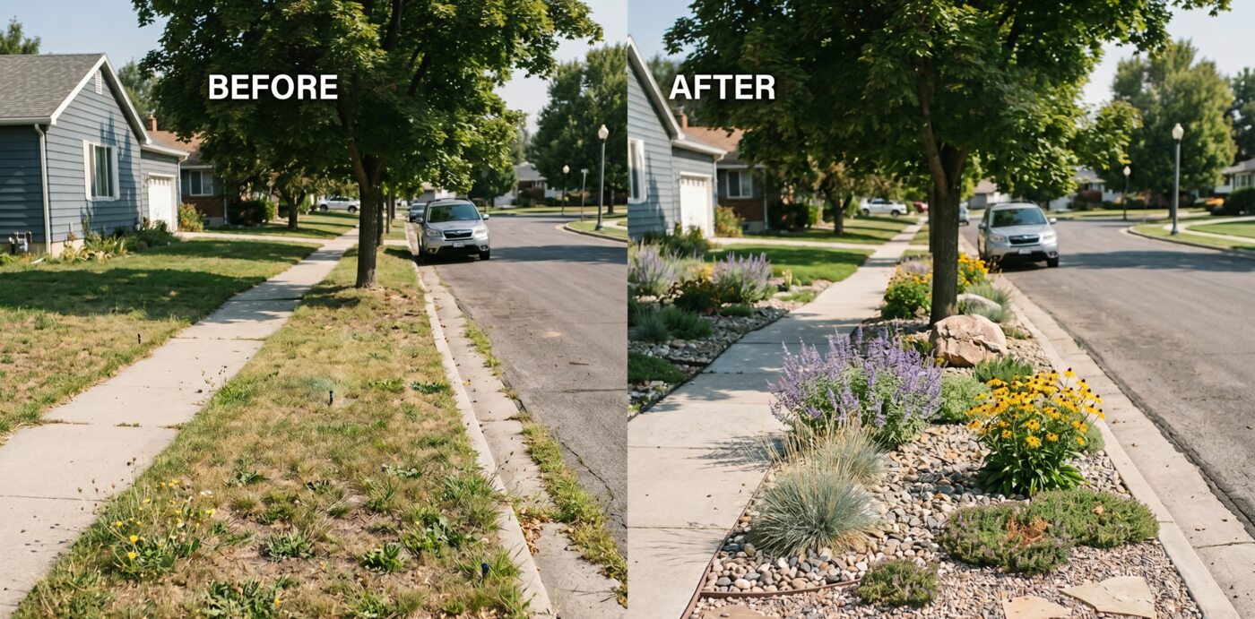 Before and after park strip conversion — weedy grass curb strip replaced with river rock, lavender, black-eyed susans, and drought-tolerant plants